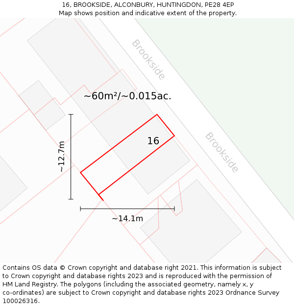 16, BROOKSIDE, ALCONBURY, HUNTINGDON, PE28 4EP: Plot and title map