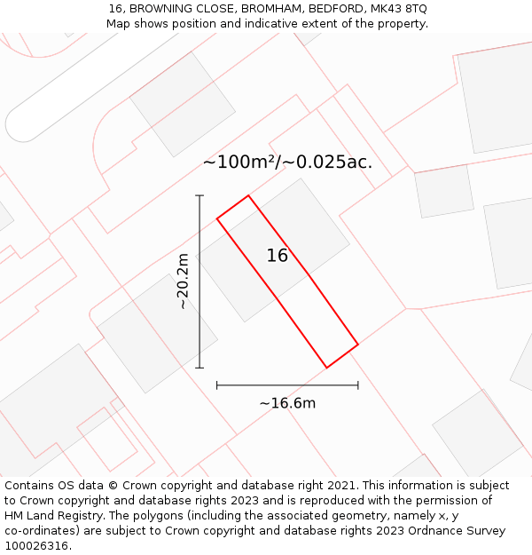 16, BROWNING CLOSE, BROMHAM, BEDFORD, MK43 8TQ: Plot and title map