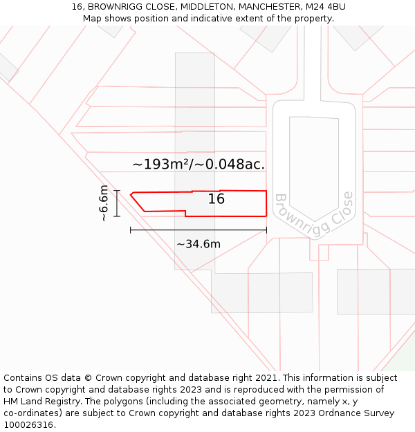 16, BROWNRIGG CLOSE, MIDDLETON, MANCHESTER, M24 4BU: Plot and title map