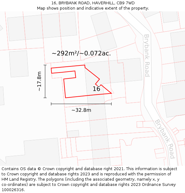 16, BRYBANK ROAD, HAVERHILL, CB9 7WD: Plot and title map