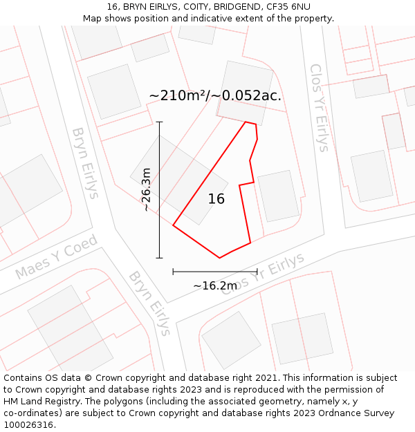 16, BRYN EIRLYS, COITY, BRIDGEND, CF35 6NU: Plot and title map