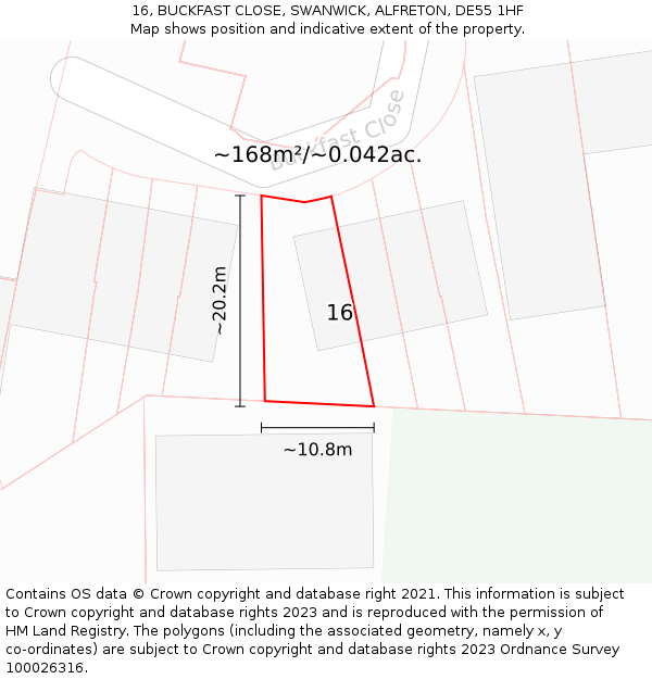 16, BUCKFAST CLOSE, SWANWICK, ALFRETON, DE55 1HF: Plot and title map