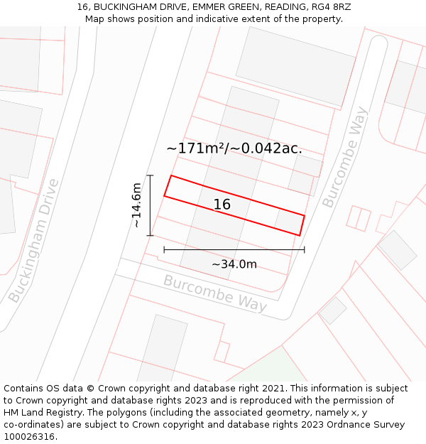 16, BUCKINGHAM DRIVE, EMMER GREEN, READING, RG4 8RZ: Plot and title map