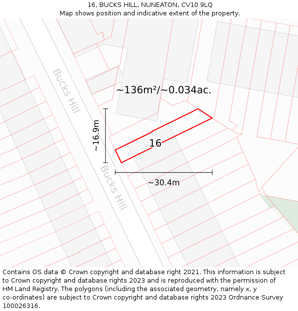 16, BUCKS HILL, NUNEATON, CV10 9LQ: Plot and title map