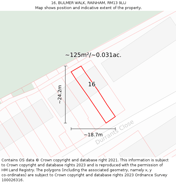 16, BULMER WALK, RAINHAM, RM13 9LU: Plot and title map