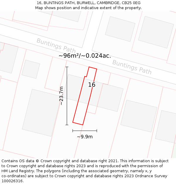 16, BUNTINGS PATH, BURWELL, CAMBRIDGE, CB25 0EG: Plot and title map