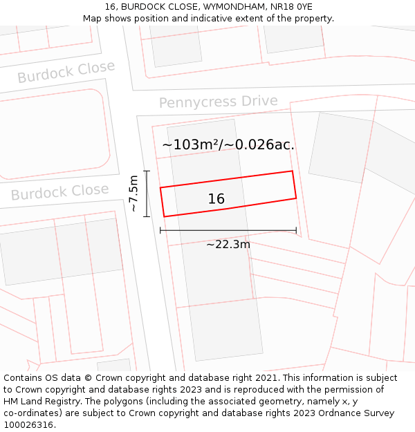 16, BURDOCK CLOSE, WYMONDHAM, NR18 0YE: Plot and title map