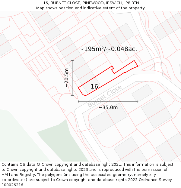 16, BURNET CLOSE, PINEWOOD, IPSWICH, IP8 3TN: Plot and title map