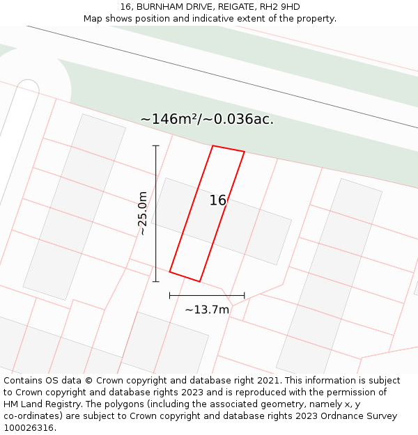 16, BURNHAM DRIVE, REIGATE, RH2 9HD: Plot and title map