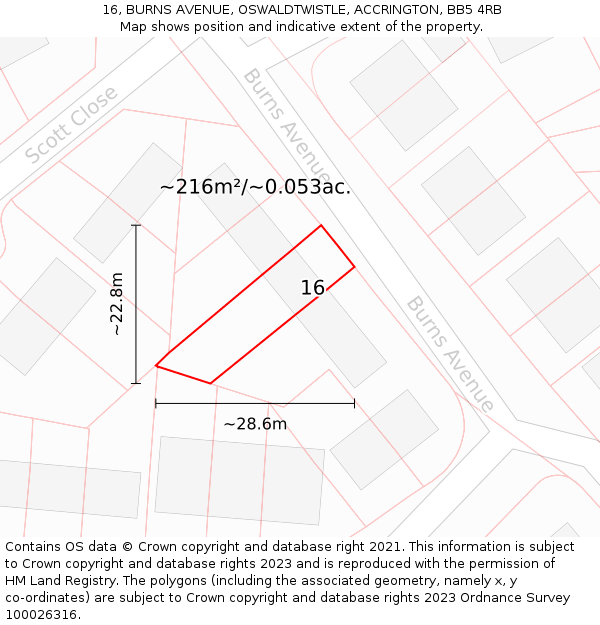 16, BURNS AVENUE, OSWALDTWISTLE, ACCRINGTON, BB5 4RB: Plot and title map