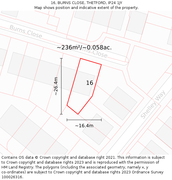 16, BURNS CLOSE, THETFORD, IP24 1JY: Plot and title map
