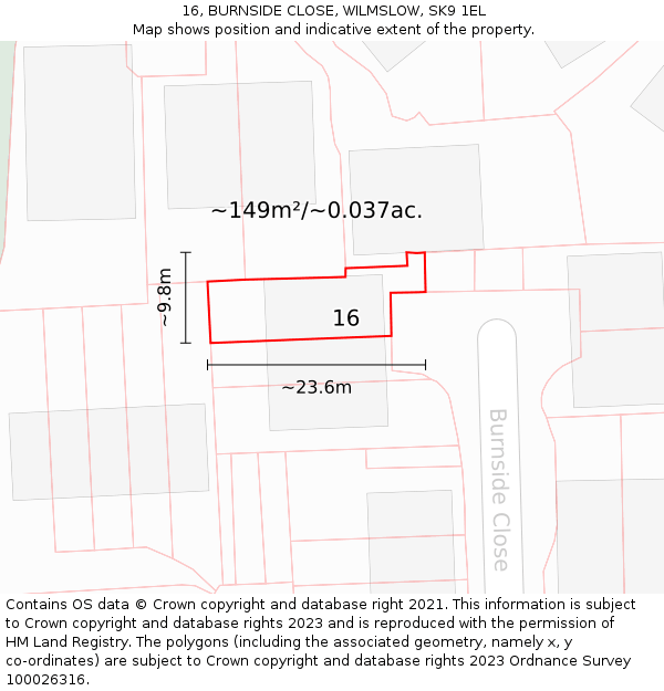 16, BURNSIDE CLOSE, WILMSLOW, SK9 1EL: Plot and title map