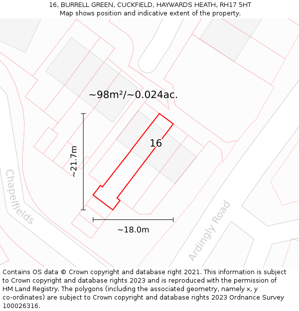 16, BURRELL GREEN, CUCKFIELD, HAYWARDS HEATH, RH17 5HT: Plot and title map