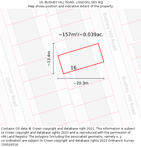 16, BUSHEY HILL ROAD, LONDON, SE5 8QJ: Plot and title map