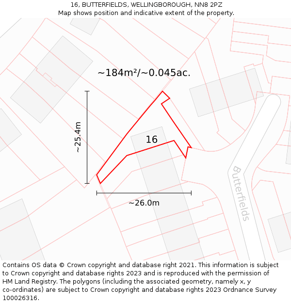 16, BUTTERFIELDS, WELLINGBOROUGH, NN8 2PZ: Plot and title map