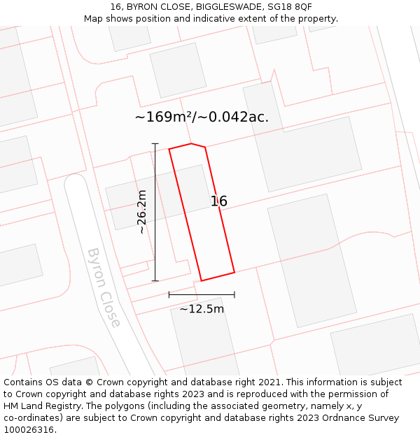 16, BYRON CLOSE, BIGGLESWADE, SG18 8QF: Plot and title map