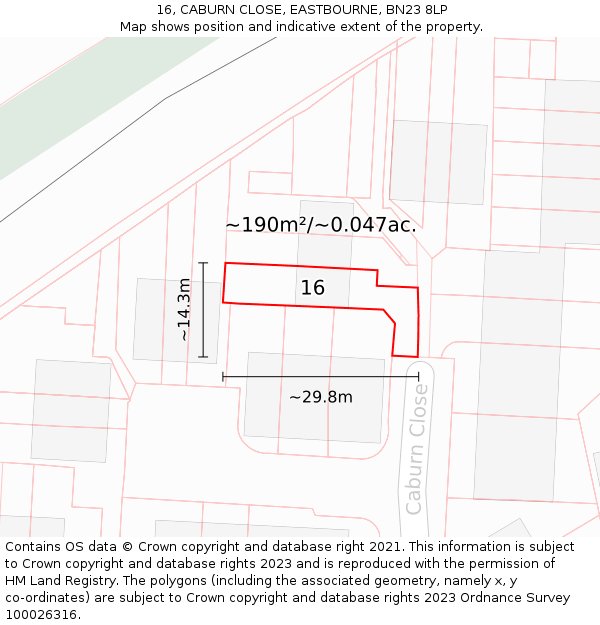 16, CABURN CLOSE, EASTBOURNE, BN23 8LP: Plot and title map