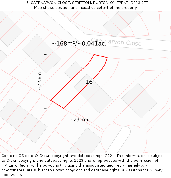 16, CAERNARVON CLOSE, STRETTON, BURTON-ON-TRENT, DE13 0ET: Plot and title map