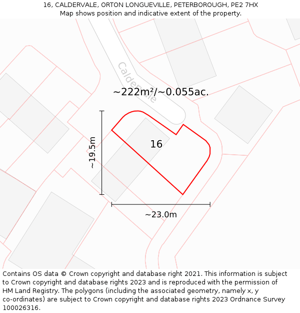 16, CALDERVALE, ORTON LONGUEVILLE, PETERBOROUGH, PE2 7HX: Plot and title map