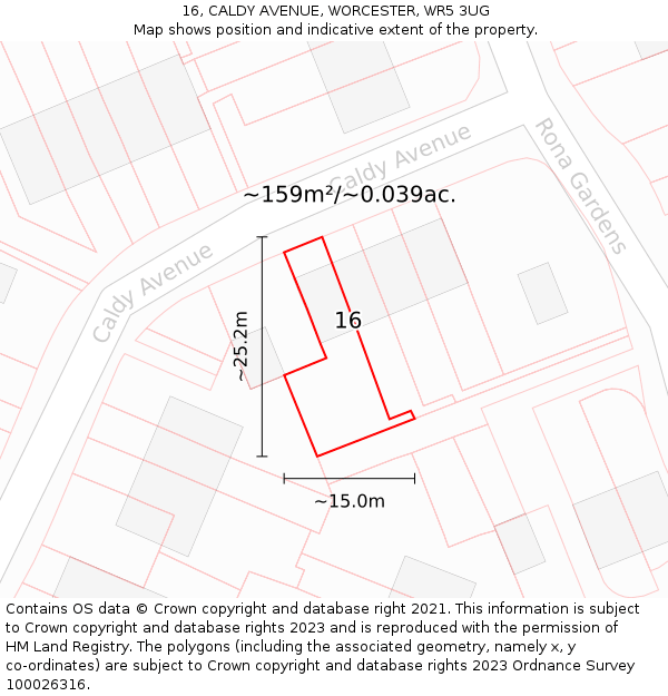 16, CALDY AVENUE, WORCESTER, WR5 3UG: Plot and title map
