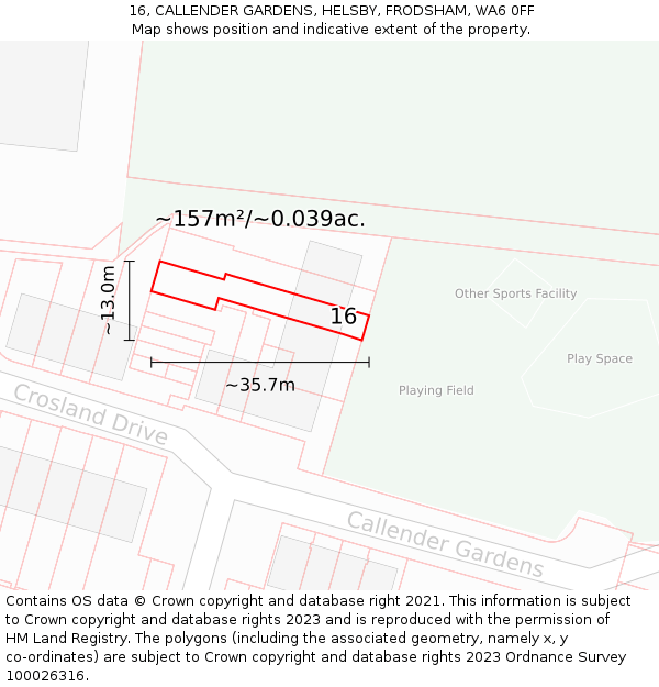 16, CALLENDER GARDENS, HELSBY, FRODSHAM, WA6 0FF: Plot and title map