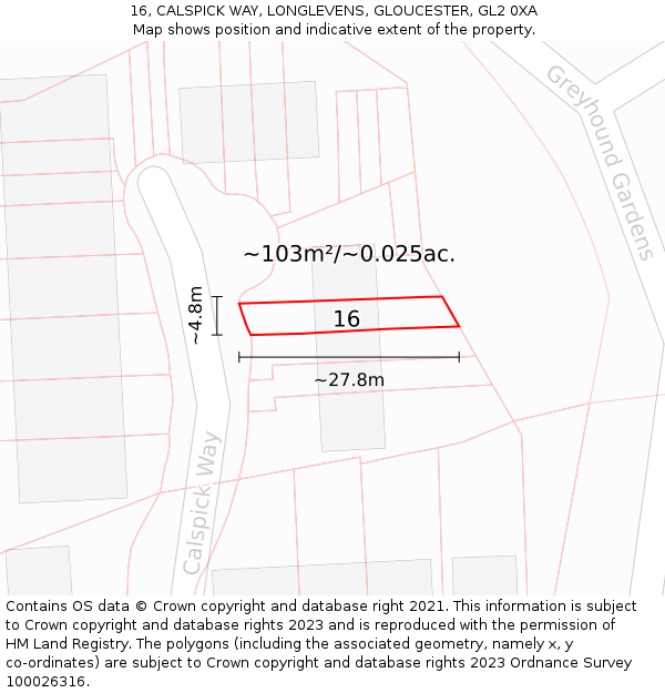 16, CALSPICK WAY, LONGLEVENS, GLOUCESTER, GL2 0XA: Plot and title map