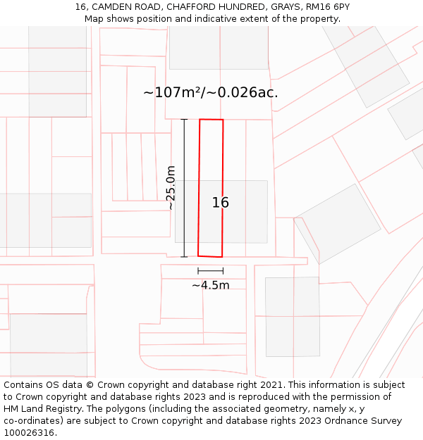 16, CAMDEN ROAD, CHAFFORD HUNDRED, GRAYS, RM16 6PY: Plot and title map