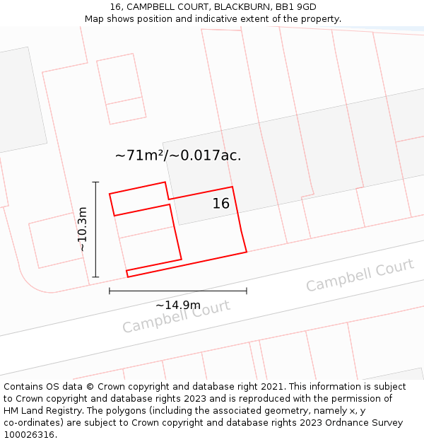 16, CAMPBELL COURT, BLACKBURN, BB1 9GD: Plot and title map