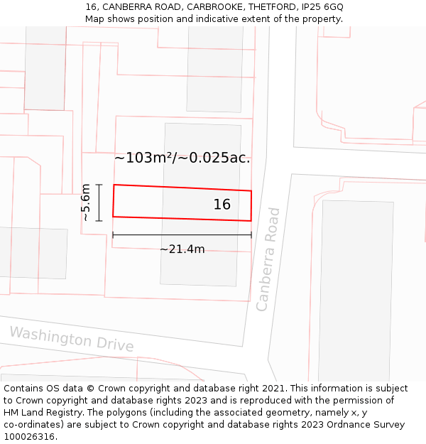 16, CANBERRA ROAD, CARBROOKE, THETFORD, IP25 6GQ: Plot and title map