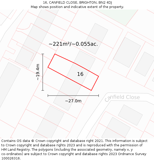 16, CANFIELD CLOSE, BRIGHTON, BN2 4DJ: Plot and title map