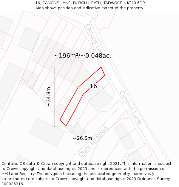 16, CANONS LANE, BURGH HEATH, TADWORTH, KT20 6DP: Plot and title map