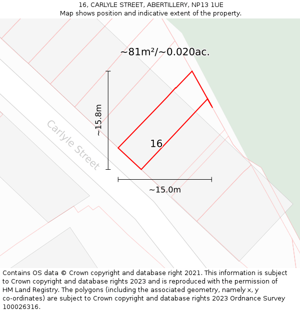 16, CARLYLE STREET, ABERTILLERY, NP13 1UE: Plot and title map