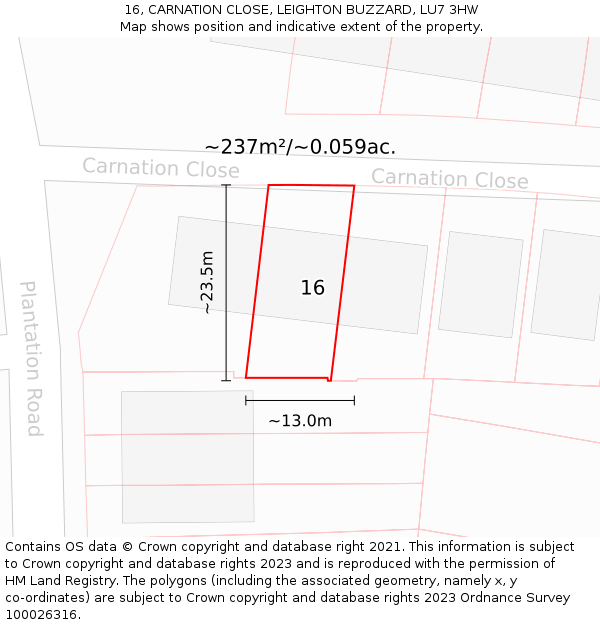 16, CARNATION CLOSE, LEIGHTON BUZZARD, LU7 3HW: Plot and title map