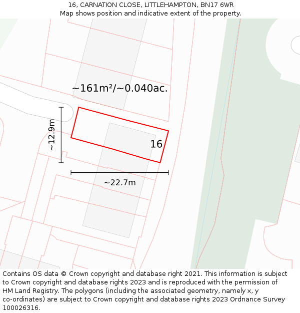 16, CARNATION CLOSE, LITTLEHAMPTON, BN17 6WR: Plot and title map