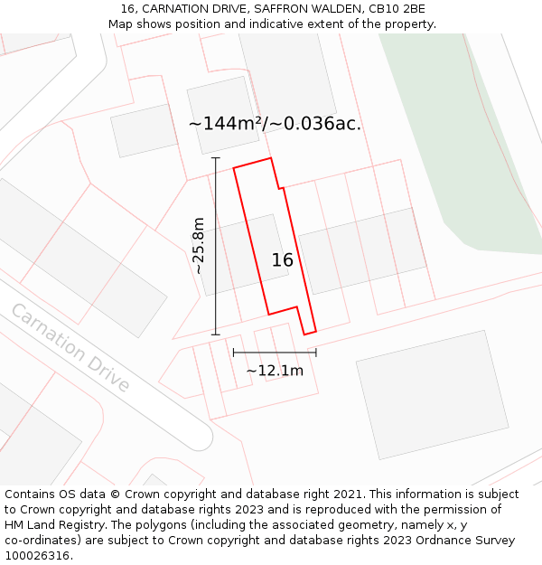 16, CARNATION DRIVE, SAFFRON WALDEN, CB10 2BE: Plot and title map