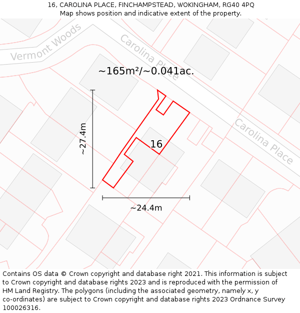 16, CAROLINA PLACE, FINCHAMPSTEAD, WOKINGHAM, RG40 4PQ: Plot and title map