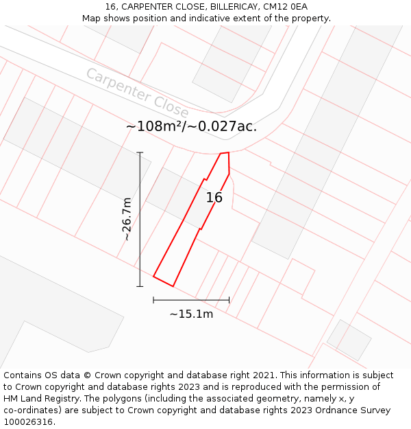 16, CARPENTER CLOSE, BILLERICAY, CM12 0EA: Plot and title map