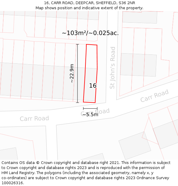 16, CARR ROAD, DEEPCAR, SHEFFIELD, S36 2NR: Plot and title map