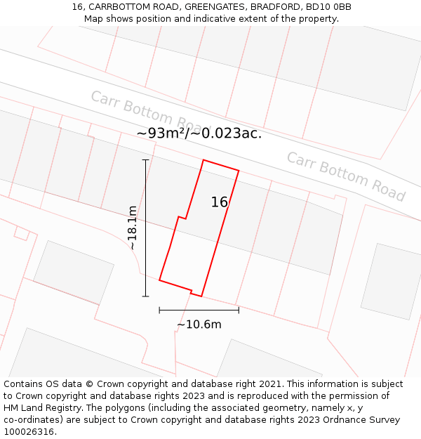 16, CARRBOTTOM ROAD, GREENGATES, BRADFORD, BD10 0BB: Plot and title map