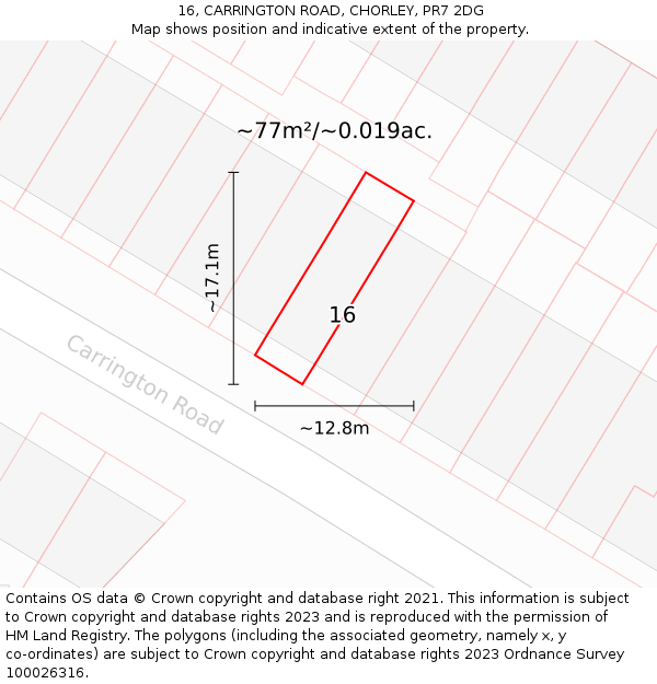 16, CARRINGTON ROAD, CHORLEY, PR7 2DG: Plot and title map