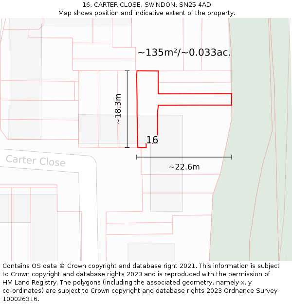 16, CARTER CLOSE, SWINDON, SN25 4AD: Plot and title map