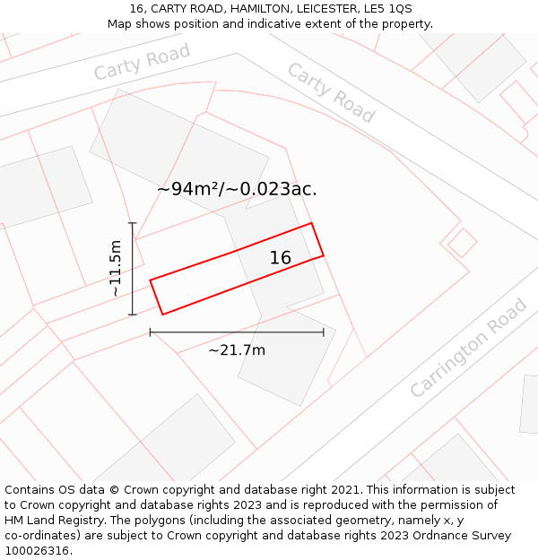 16, CARTY ROAD, HAMILTON, LEICESTER, LE5 1QS: Plot and title map