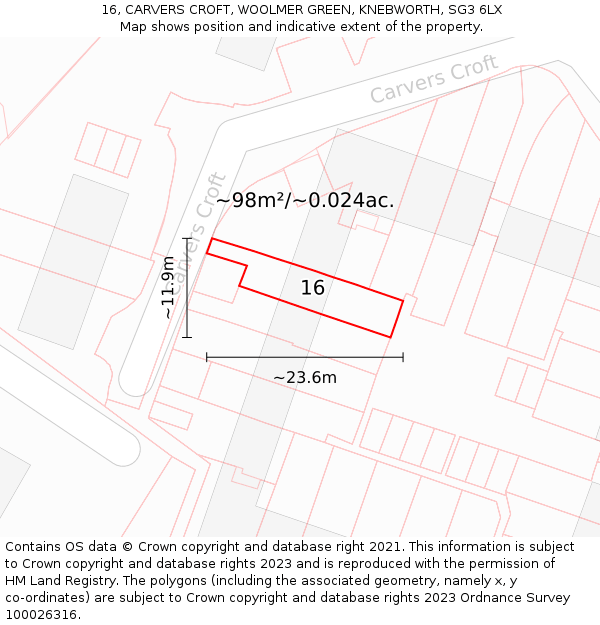 16, CARVERS CROFT, WOOLMER GREEN, KNEBWORTH, SG3 6LX: Plot and title map