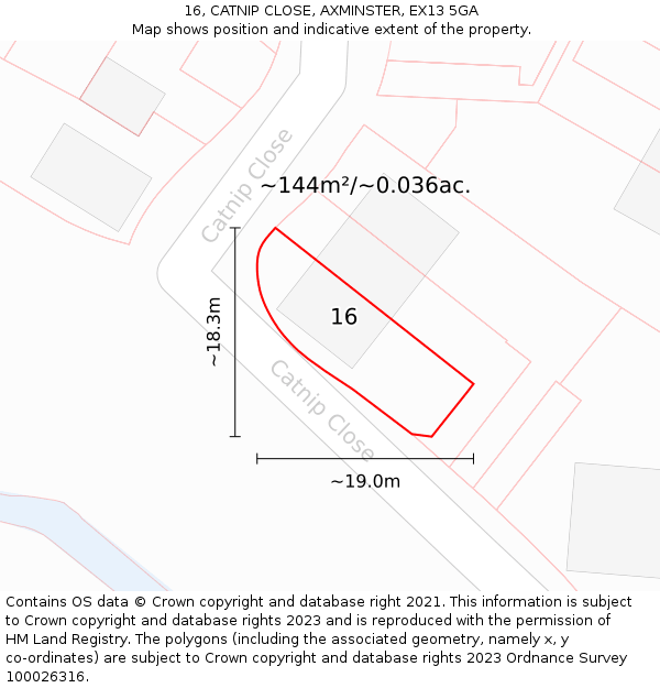 16, CATNIP CLOSE, AXMINSTER, EX13 5GA: Plot and title map
