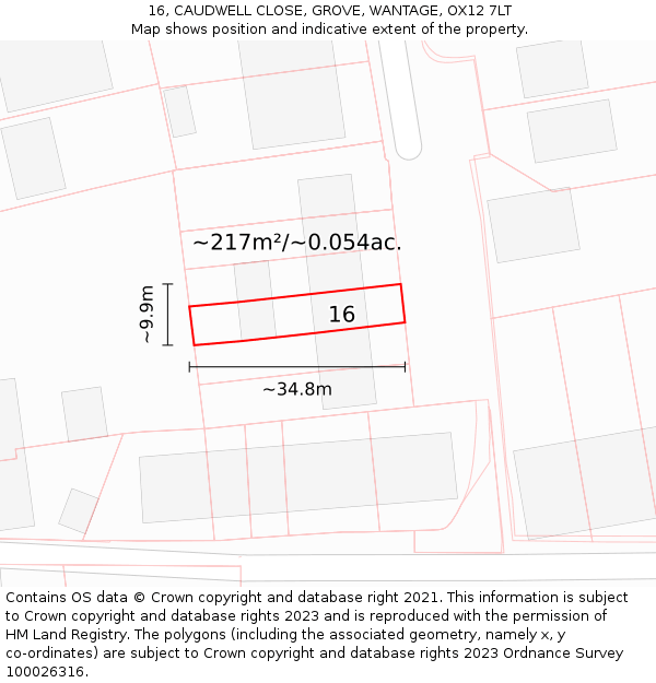 16, CAUDWELL CLOSE, GROVE, WANTAGE, OX12 7LT: Plot and title map