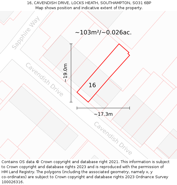 16, CAVENDISH DRIVE, LOCKS HEATH, SOUTHAMPTON, SO31 6BP: Plot and title map