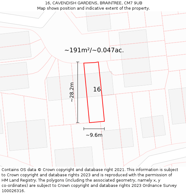 16, CAVENDISH GARDENS, BRAINTREE, CM7 9UB: Plot and title map