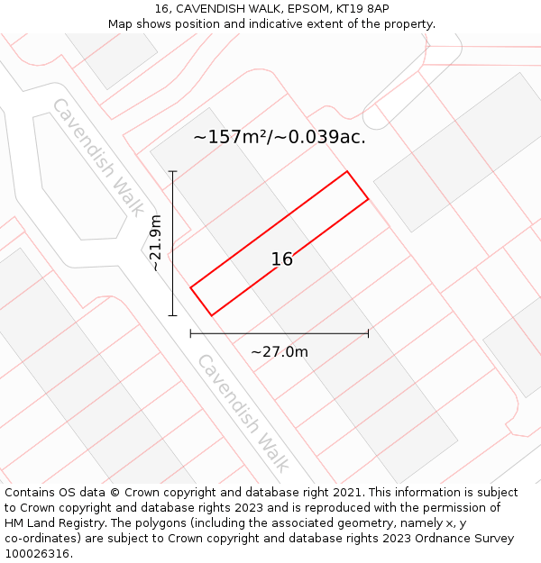16, CAVENDISH WALK, EPSOM, KT19 8AP: Plot and title map