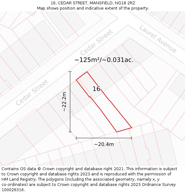 16, CEDAR STREET, MANSFIELD, NG18 2RZ: Plot and title map