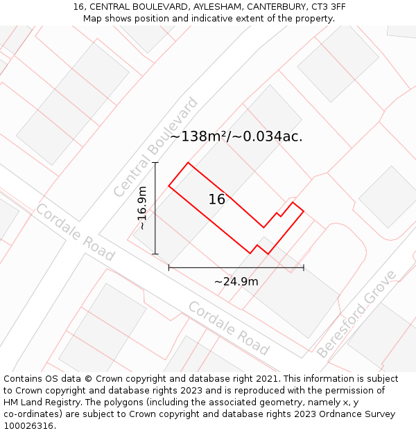 16, CENTRAL BOULEVARD, AYLESHAM, CANTERBURY, CT3 3FF: Plot and title map